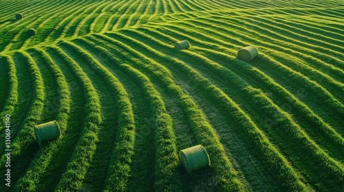 Square Hay Bales: A Picturesque View of a Green Striped Field with Freshly Made Hay Bales