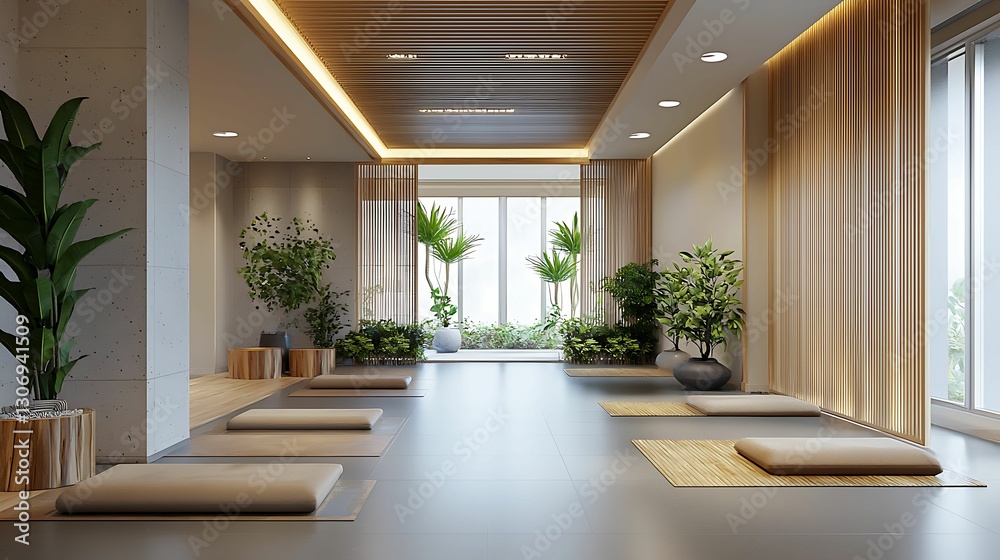Fototapeta premium minimalist interior bamboo furniture, texture. A serene meditation room featuring soft lighting, plants, and comfortable seating, creating a tranquil atmosphere for relaxation and mindfulness.