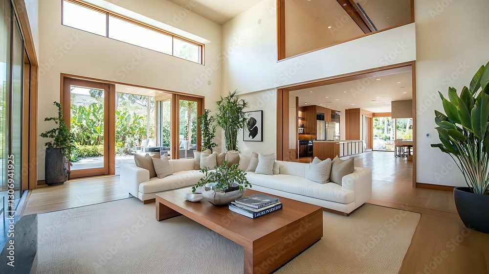 Fototapeta premium minimalist interior bamboo furniture, texture. A bright, spacious living room featuring a cozy sofa, wooden furniture, and large windows with lush greenery outside.