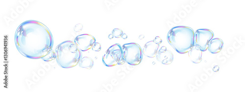 Transparent bubbles with iridescent hues drift in the air on a white background. The light reflections give them a dreamy, magical appearance, perfect for backgrounds or designs.