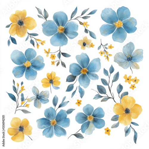Wallpaper Mural light blue and yellow watercolor flower cliparts, isolated white background Torontodigital.ca