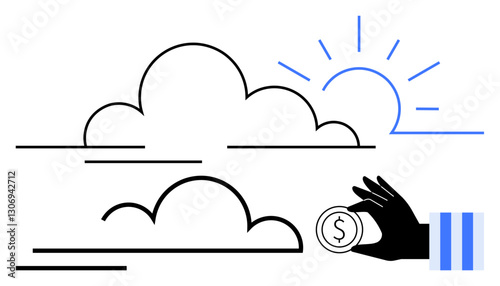 Hand holding coin near clouds and sun suggests financial growth, innovation, and environmental care. Ideal for sustainability, finance, investment, weather, eco solutions, innovation flat simple