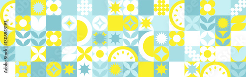 Seamless geometric summer background from flowers ornament, bright textiles and wallpaper. Daisies and bells in yellow and blue sunny shades for packaging goods and gifts.