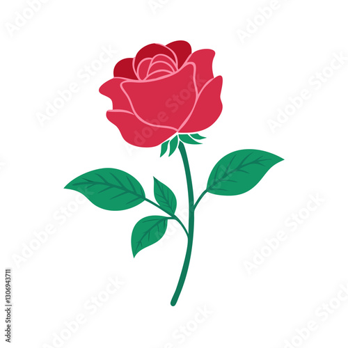 Red rose icon with green leaves, floral symbolism concept