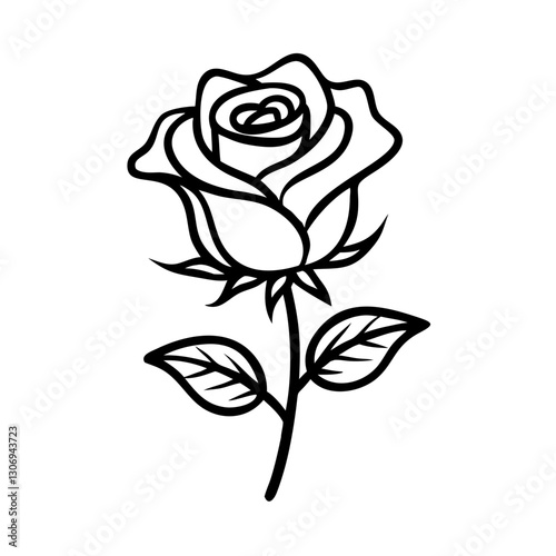 Elegant rose icon with leaves, floral symbolism concept