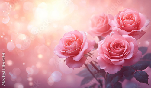 A romantic composition of three pink roses with a dreamy, soft focus ideal for Valentine's Day cards, wedding invitations, or any floral-themed decor.