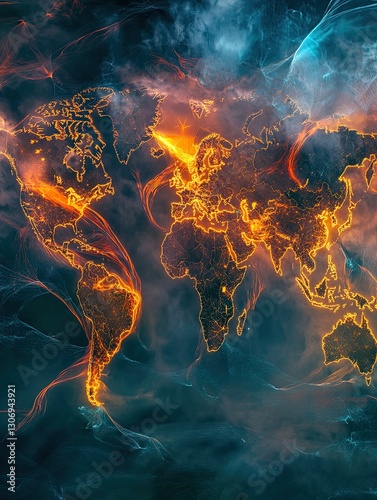 Fiery world map, global warming, smoke, space background, climate change illustration