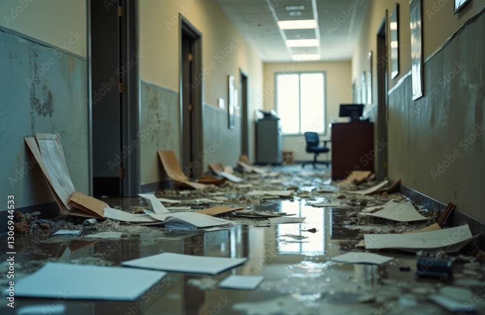 Office corridor shows water damage destruction. Flooded documents, disarray indoor. Effect of burst pipe, disaster response. Commercial building needs recovery, cleanup. Loss of workflow. Papers Office corridor shows water damage destruction. Flooded documents, disarray indoor. Effect of burst pipe, disaster response. Commercial building needs recovery, cleanup. Loss of workflow. Papers