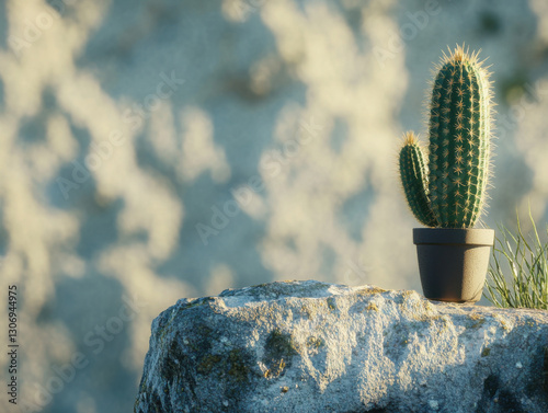 Lonely cactus in a pot on a light background, minimalist style. A high resolution photograpy. Realistic photo  photo