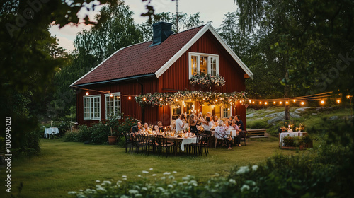 A photo of a picturesque Swedish red cottage decorated with garlands of flowers, with an outdoor midsummer feast set up in the garden, families and friends raising glasses of aquavit in a cheerful toa