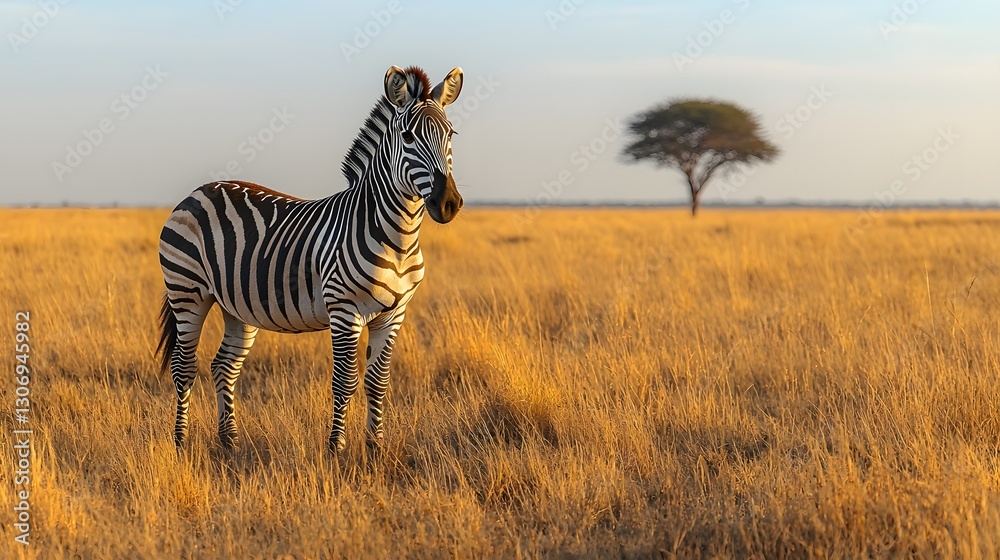 Naklejka premium A zebra stands in the golden savannah, its black-and-white stripes standing out against the dry grasslands. A peaceful African scene. 