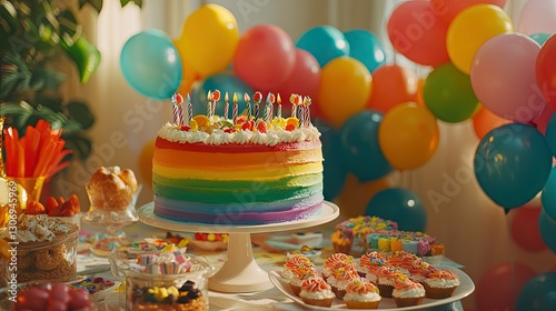 Wallpaper Mural A birthday dessert table with a rainbow cake, vibrant balloons, and cheerful decorations. Torontodigital.ca