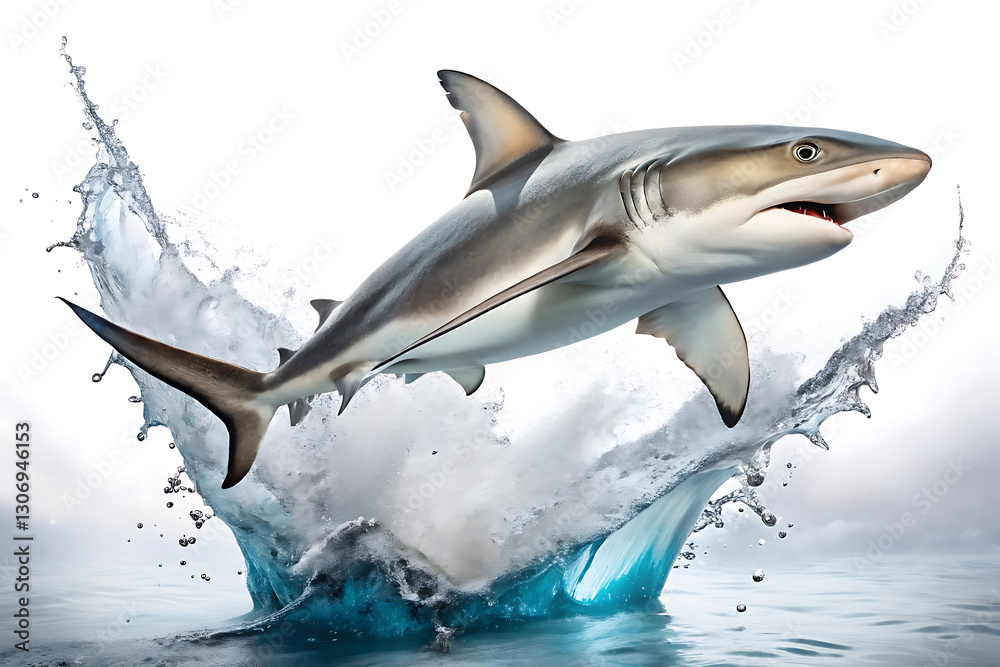 Obraz premium shark jumping of water with pure flat white background
