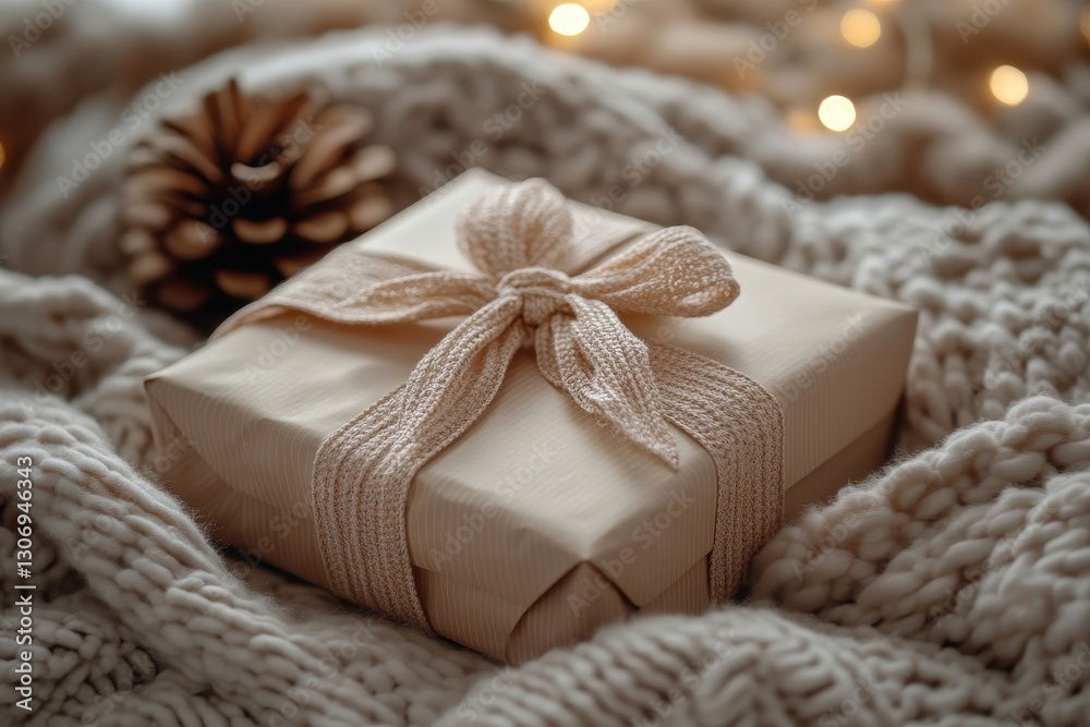 Decorative Gift Box Wrapped in Soft Yarn with Cozy Background