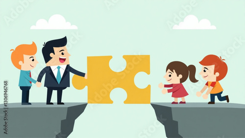 Business Solution Connecting Education Gap Opportunity, Man Extending Puzzle Piece for Child's Learning Progress, Partnership Success, Early Development Strategy, School Support Vector
