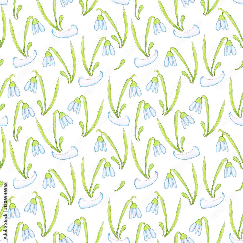 Fototapeta premium Seamless pattern with snowdrop flower hand drawn with colored pencils on a white background