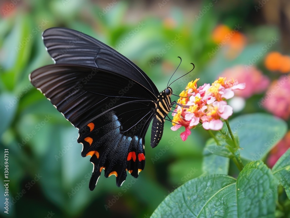 Fototapeta premium Elegant black butterfly gracefully sips nectar from vibrant blossom cluster