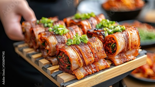Wallpaper Mural A platter of grilled rolls wrapped in crispy bacon, garnished with green onions, showcasing deliciously prepared food. Torontodigital.ca