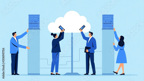Dynamic Business Team Utilizing Cloud Server Infrastructure Global Connection Data Analysis for Innovative Strategy Collaborative Success Digital Transformation Networking Worldwide