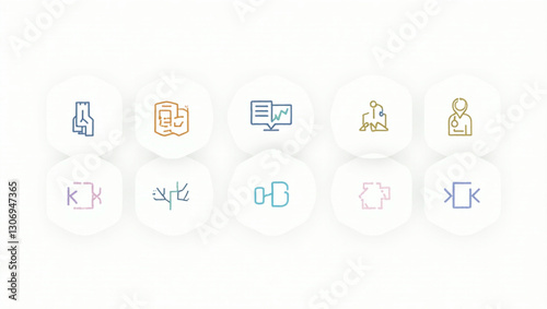 Modern Business Icons Illustrations Set teamwork strategy marketing solutions concept digital workflow communication partnership abstract elements for website banners and presentations