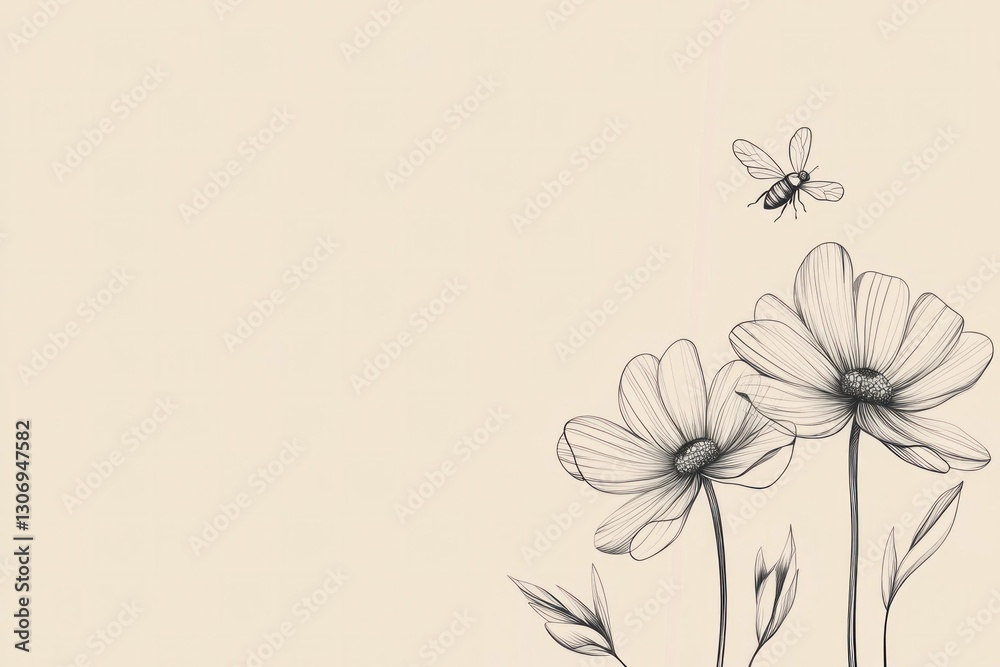 Fototapeta premium Delicate sketch of flowers and a bee on a soft background, perfect for nature themed designs, illustrations, or spring related projects