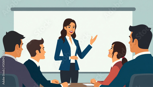 Dynamic Business Team Collaboration in Modern Boardroom Lively Project Presentation by Confident Woman Leader Engaging Colleagues Discussing Strategy and Growth Planning