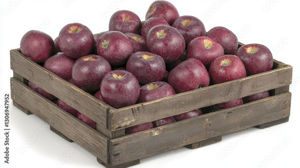 A fresh harvest of vibrant red apples piled in a weathered wooden crate, natural light enhances their rich color, isolated on a white backdrop A fresh harvest of vibrant red apples piled in a weathered wooden crate, natural light enhances their rich color, isolated on a white backdrop