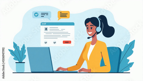 Helpful Customer Service Agent Smiling, Providing Remote Assistance Online, Friendly Communication, Virtual Support, Happy Woman, Chatting, Modern Design, Vector Illustration, Website Support