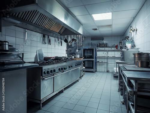 Industrial kitchen interior, stainless steel appliances