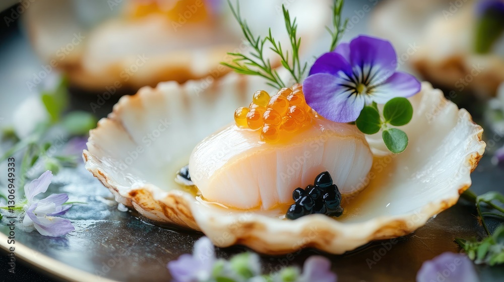 A close-up of a gourmet scallop, decorated with fresh flowers and a dot of caviar, placed on a chic, fine dining plate. A close-up of a gourmet scallop, decorated with fresh flowers and a dot of caviar, placed on a chic, fine dining plate.