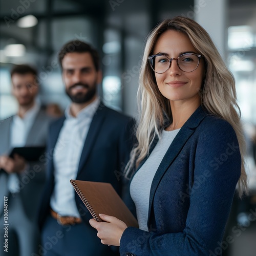 Confident businesswoman office portrait, colleagues background, corporate success