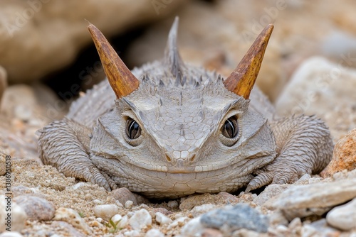 A horned lizard camouflaged perfectly among desert sand and stones photo