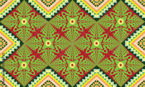 style fabric, Seamless fabric pattern, triangles and rhombus lined up in rows to form a beautiful overlapping rhombus shape, with flowers in the center, abstract geometric background