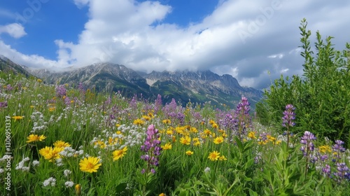Timpanogos Alpine Beauty: Colorful Wildflowers on Breathtaking Utah Cliff photo