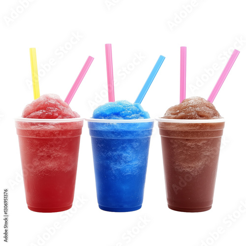 three frozen slushy in red, blue and brown in plastic cup with straw on transparent background