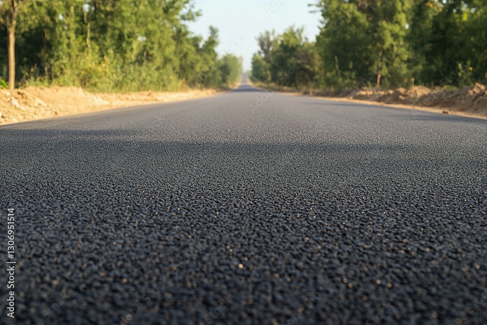 Smooth asphalt road stretches into the horizon surrounded by greenery under a clear sky Smooth asphalt road stretches into the horizon surrounded by greenery under a clear sky