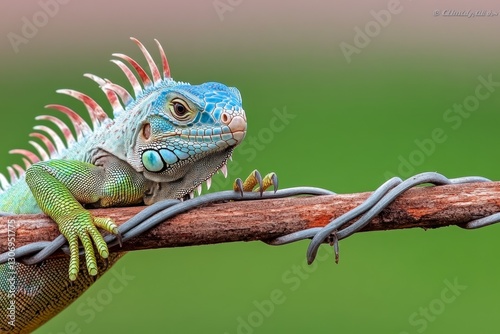 A juvenile green iguana resting on a branch, its sharp claws gripping the bark