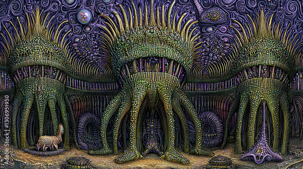 Obraz premium Fantastical, alien architecture; a sheep, in a surreal, otherworldly landscape
