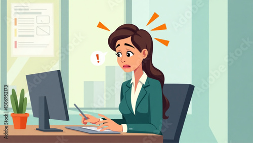 Stressed Businesswoman Overwhelmed by Workload at Office Desk, Deadline Pressure, Financial Problems, Business Challenges, Modern Workplace Illustration, Frustrated Employee Graphic