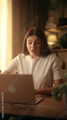 A young woman types on her laptop, then closes it with exhaustion, rubbing her forehead in fatigue. She looks overworked in a cozy home office with soft lighting. Vertical frame