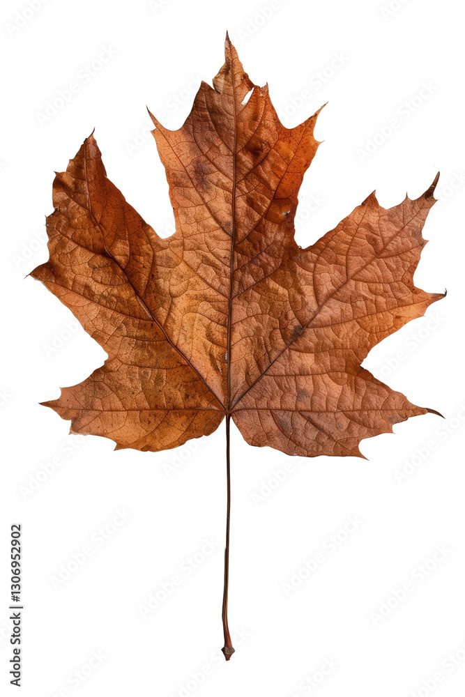 Obraz premium Detailed close-up of a dried autumn maple leaf showcasing intricate texture and vibrant shades of brown and orange hues