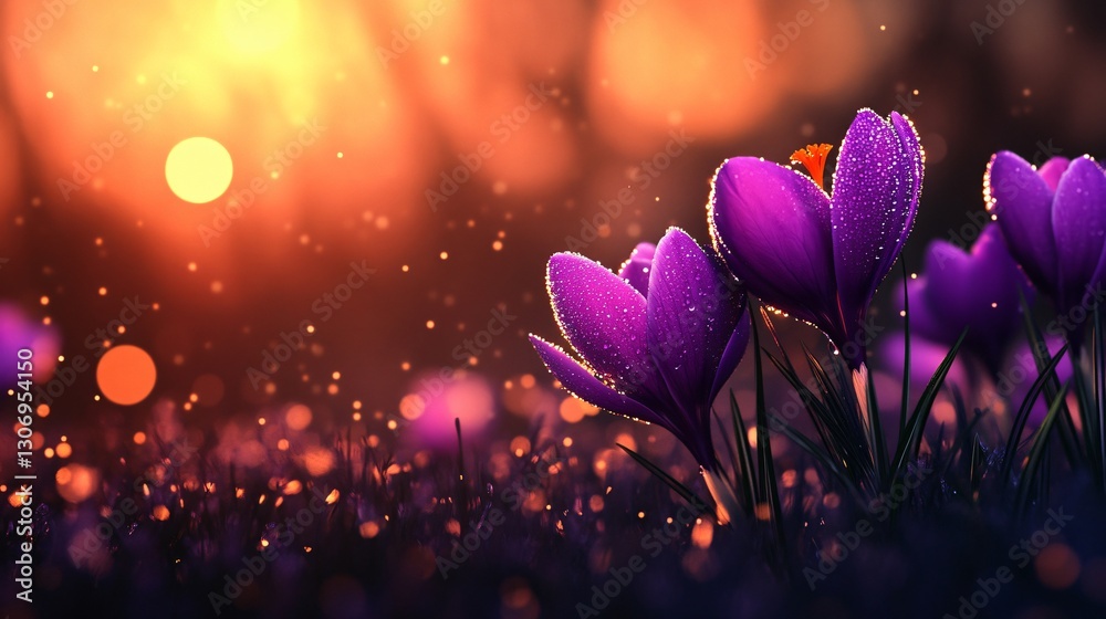 Crocuses Bloom in the Sunlight: Close-up of a collection of vibrant purple crocus flowers, illuminated by the warm sunlight. The petals showcase the vibrant colors with a dreamlike effect. Crocuses Bloom in the Sunlight: Close-up of a collection of vibrant purple crocus flowers, illuminated by the warm sunlight. The petals showcase the vibrant colors with a dreamlike effect.