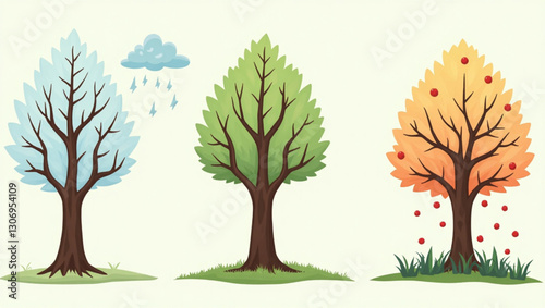 Vibrant Tree Evolution Through Seasons Detailed Vector Illustration Spring Summer Autumn Winter Cycle Lush Foliage Bare Branches Tranquil Nature Scene Graphic Resource