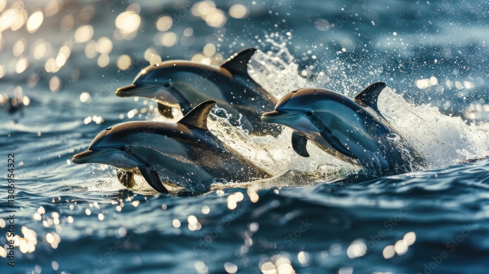 Obraz premium Three Dolphins Are Swimming Happily and Leaping From The Water