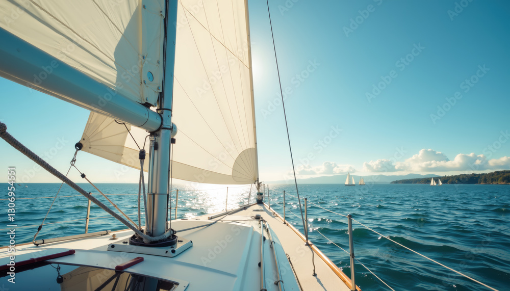 A serene scene of a sailboat gliding through calm waters under a bright, sunny sky, with other sailboats visible in the distance. A serene scene of a sailboat gliding through calm waters under a bright, sunny sky, with other sailboats visible in the distance.