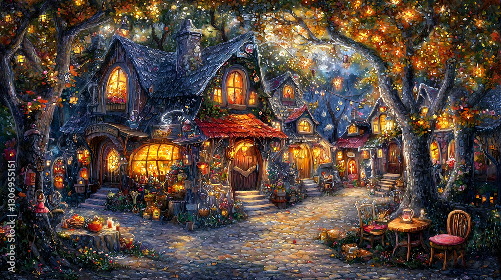 Obraz premium Enchanting village street scene at night, magical fantasy setting, illuminated buildings, autumnal trees, whimsical artwork for fantasy-themed projects