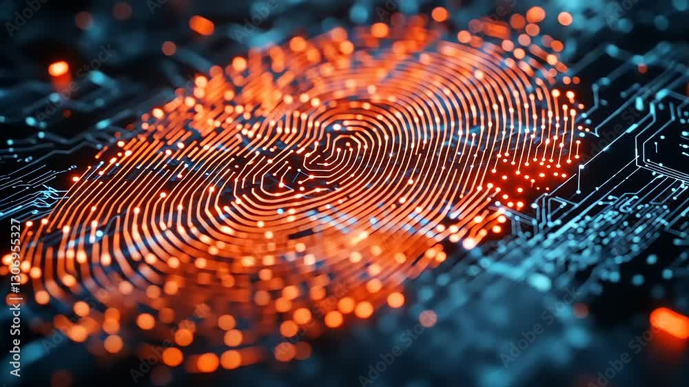 Abstract representation of a digital fingerprint overlaying a circuit board, symbolizing security technology Abstract representation of a digital fingerprint overlaying a circuit board, symbolizing security technology