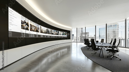 Modern curved video wall in high-rise boardroom showcasing city view; presentation