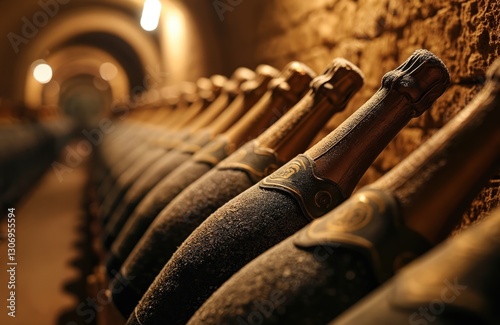 Close-up shot row of dusty sparkling wine bottles in underground cave cellar for champagne production in Reims, France. Wine bottles aging in winery during fermentation, vintage vine business.