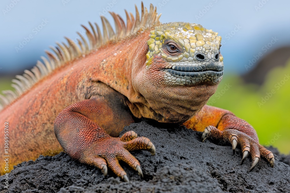 Fototapeta premium A marine iguana basking on black volcanic rock, its salt-crusted skin glistening